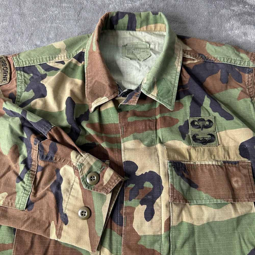 US Army Woodland Camo BDU Jacket‎ Small Short Ripstop Airborne Patches Outdoor